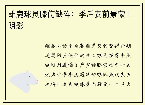 雄鹿球员膝伤缺阵：季后赛前景蒙上阴影